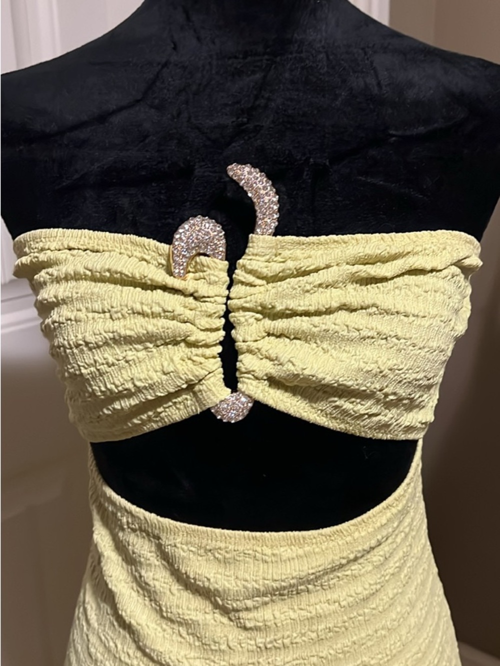 Strapless Yellow Ruched Cutout Dress with Rhinestone Accent